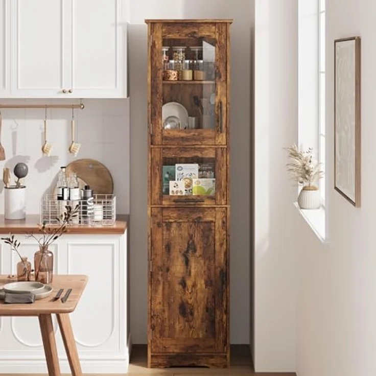 GarveeLife Badezimmerschrank Badschrank Hochschrank für Badezimmer Arbeitszimmer, Mehrzweckschrank Küchenschrank mit 2 Türen und 1 Schubladen Holz 40 x 31 x 170 cm, Vintage – Bild 6