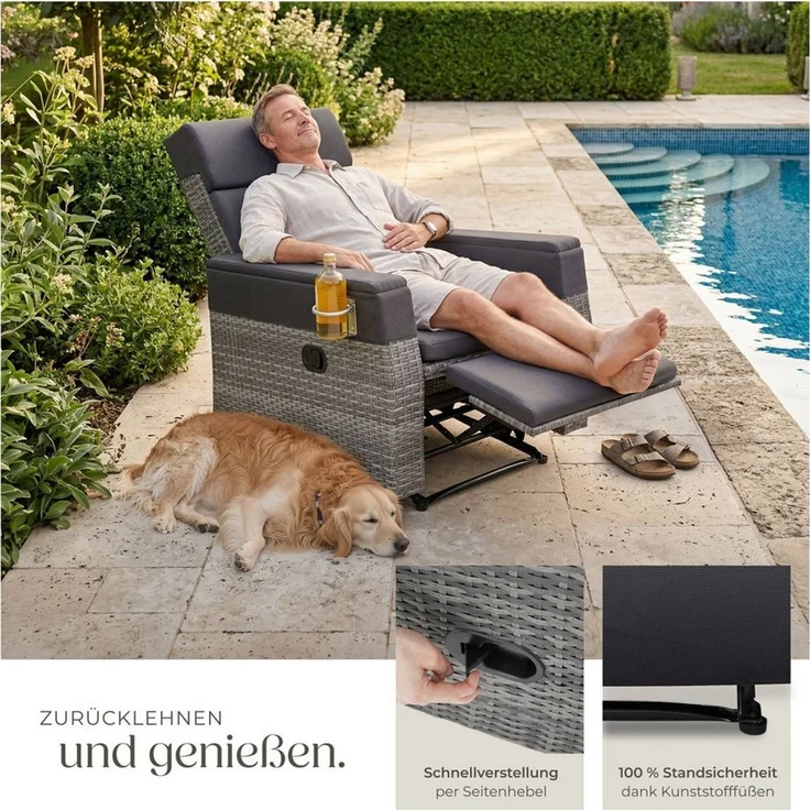 tectake Rattanstuhl Wetterfester Gartensessel mit Aluminiumrahmen, verstellbarer Lehne (Set, 2 St), Wetterfestes Gestell aus rostfreiem Aluminium – Bild 4