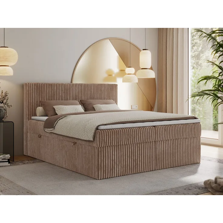 Boxspringbett mit Kopfteil und Topper Visco, Cord Bett - TILIANO - 160 x 200 cm - Braun Cord - H3