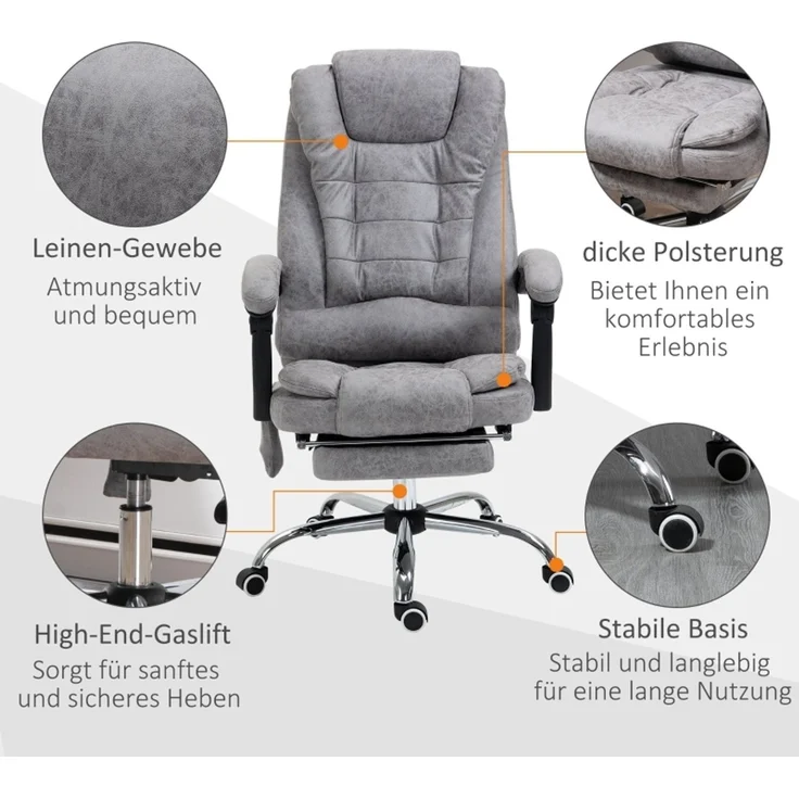 Bürostuhl mit Massagefunktion, Ergonomischer Schreibtischstuhl mit Liege- & Wärmefunktion, Fernbedienung, Grau--Grau--65x70x119cm--YOUDENOVA – Bild 7