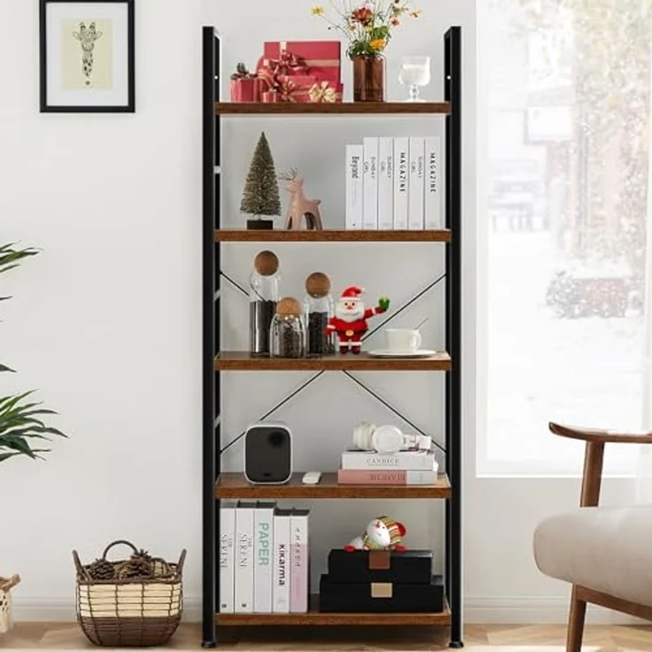 DUMOS Lagerregal mit 5 Ebenen Küchenregal Bücherregal im Industriestil,Standregal im Wohnzimmer Küche Regal aus MDF Metall schmales Leiterregal – Bild 2