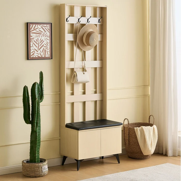 Garderobe mit Sitzbank und Stauraum, 60x35x179,5 cm, helle Holzmaserung – Bild 3