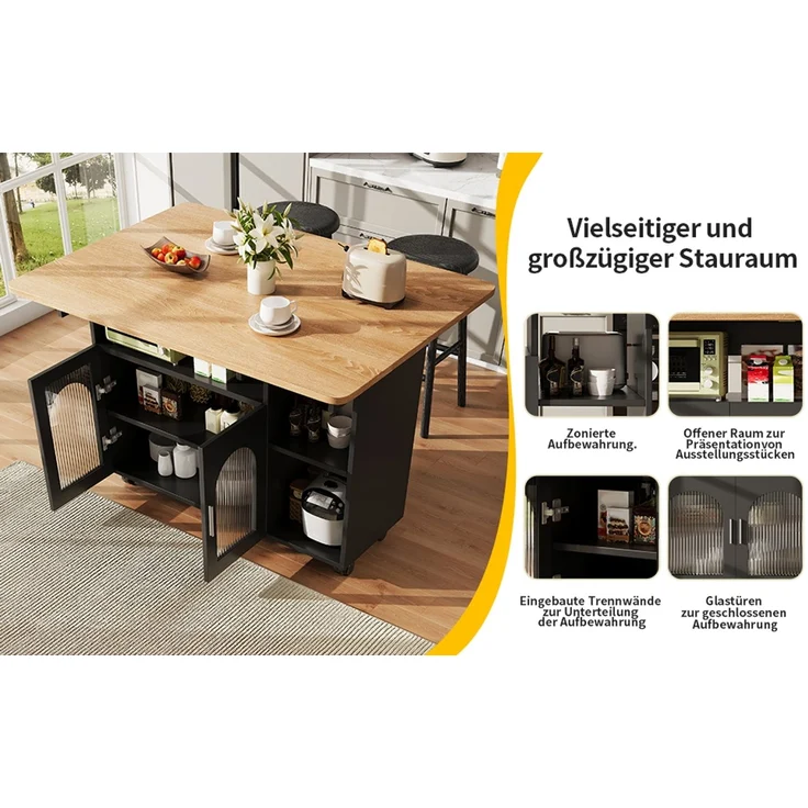 Kücheninsel,Modernes Küchensiland, Küchenschrank, Abnehmbare Servierwagen buffetschrank, Speisewagen mit Holzmaserung, buffetschrank, Multifunktionale Esstisch mit Speicherraum, Schwarz – Bild 10