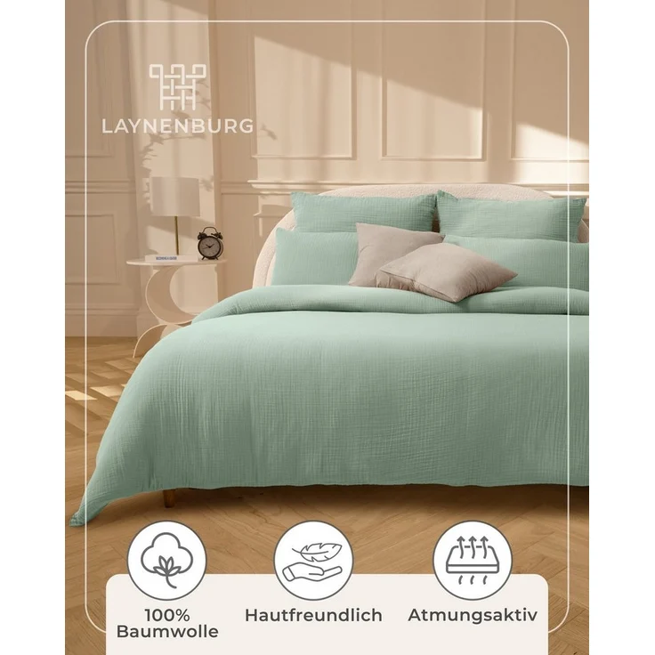 Laynenburg Bettwäsche Musselin aus 100% Baumwolle in 135x200 oder 155x220 cm, atmungsaktiv & bügelfrei – 3 lagig mit Reißverschluss & Haltebändern – Bild 3