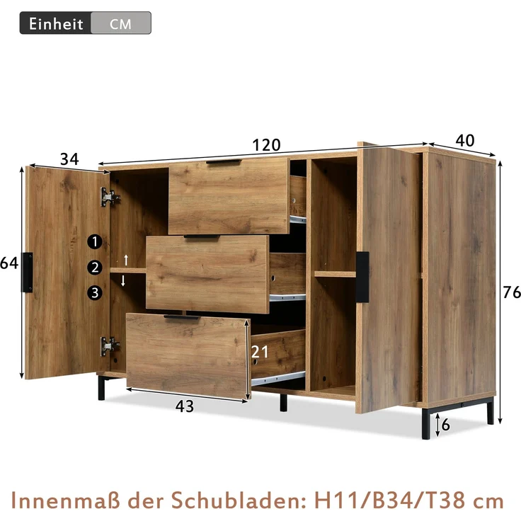 Türkommode mit 3 Schubladen in dunkler Eiche, Sideboard Industrial Design, Aufbewahrungsschrank mit höhenverstellbarem Fachboden – Bild 10
