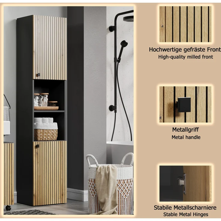 Badezimmer Hochschrank Bliss in Evoke Eiche und grau 40 x 186 cm – Bild 8