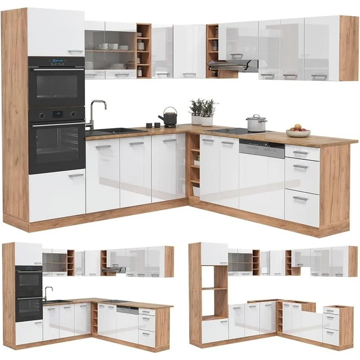 Eckküche R-Line Weiß Hochglanz/Goldkraft Eiche 247 x 237 cm ohne Arbeitsplatte Vicco – Bild 6