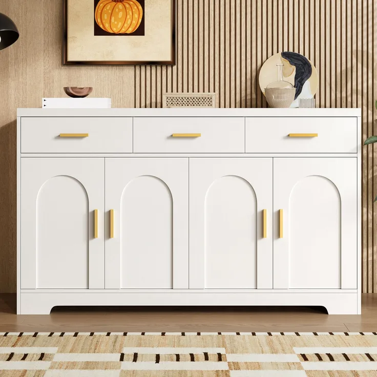 Merax Wohnzimmerschrank, Weiß Sideboard mit vier bogenförmigen Türen, 3 Schubladen, höhenverstellbare Einlegeböden, Korpus aus MDF, goldene Metallgriffe