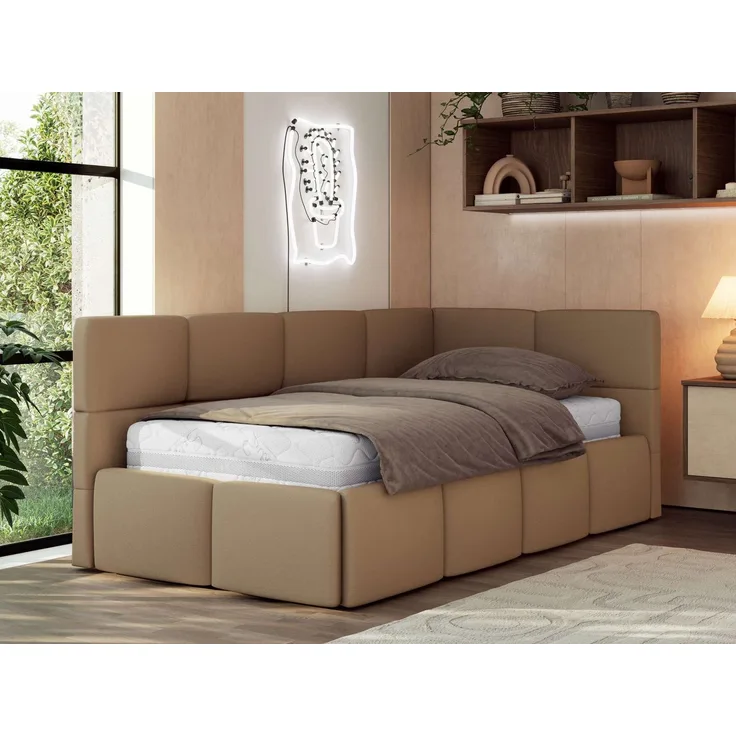Jugendbett 90x200 ARVO Polsterbett mit Bettkasten, Stauraum & Gasdruckfeder, Modernes Design mit Kopfteil, Pocket Matratze - Braun Kunstleder - VIRE LUX - Rechts Seite