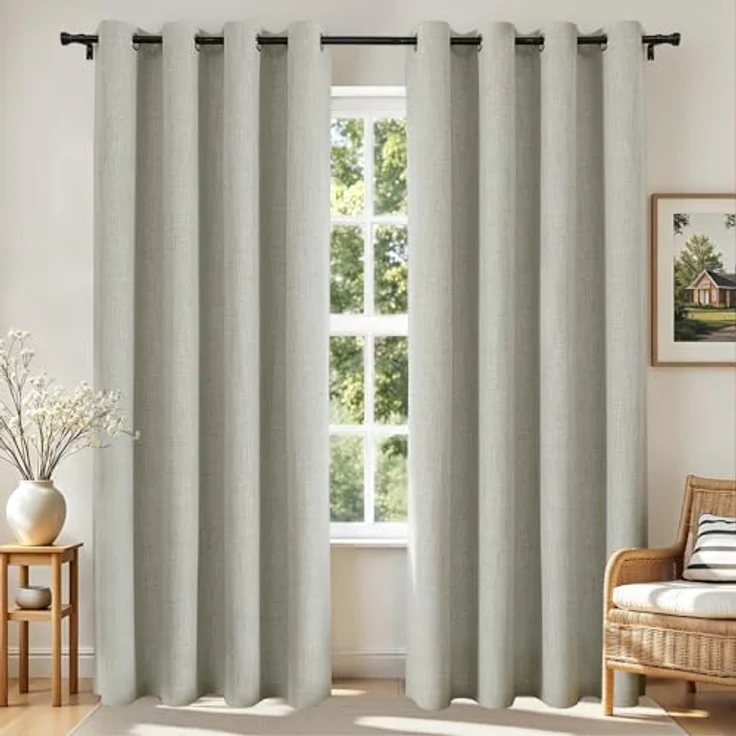 Joydeco Verdunkelungsvorhänge aus 100% Leinen, 213 cm lang, 2 Paneele, wärmeisolierter Jutevorhang und Vorhänge, Ösen, Raumverdunkelung, Wohnzimmer (132.1x213.4 cm, Hellbeige) – Bild 1