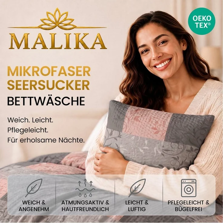Malika Bettwäsche 1 x 155 x 220 + 1 x 80 x 80 cm, Ranke-Rose, Seersucker, 2 teilig, Allergikergeeignet, Pflegeleicht und Atmungsaktiv – Bild 4