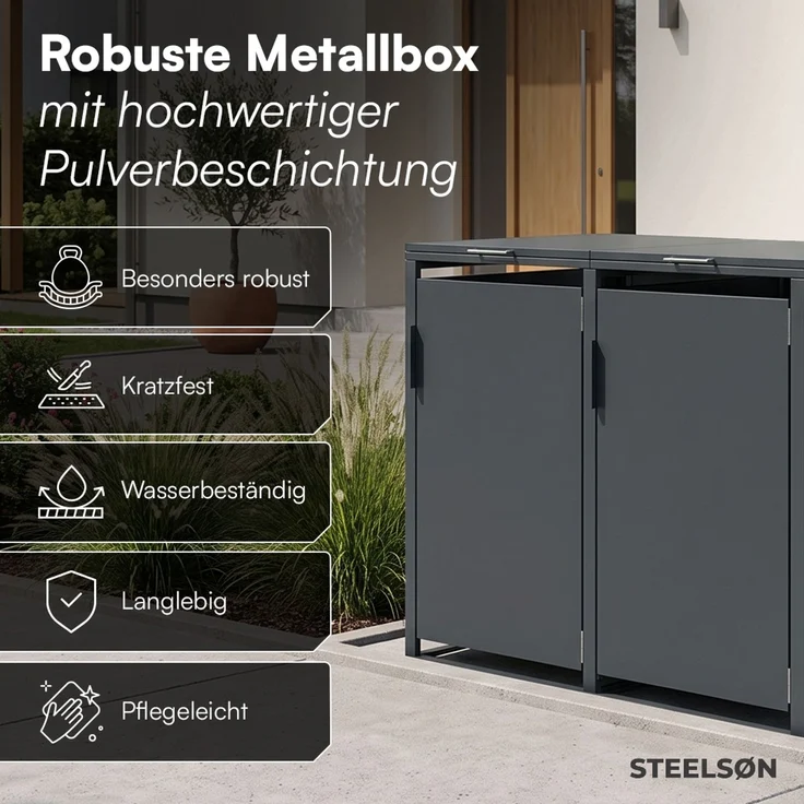 STEELSØN 'Thoria' Mülltonnenbox 2er je 120 Liter, anthrazit, Mülltonnenverkleidung aus Stahl, wetterfest, 102x62x117 cm, Müllbox für 2 Tonnen – Bild 4