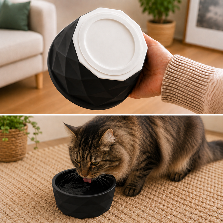 belviona Katzennapf aus Keramik, rutschfester Futter- & Wassernapf mit Silikonboden, robust & spülmaschinengeeignet, 350 ml, schwarz matt – Bild 2