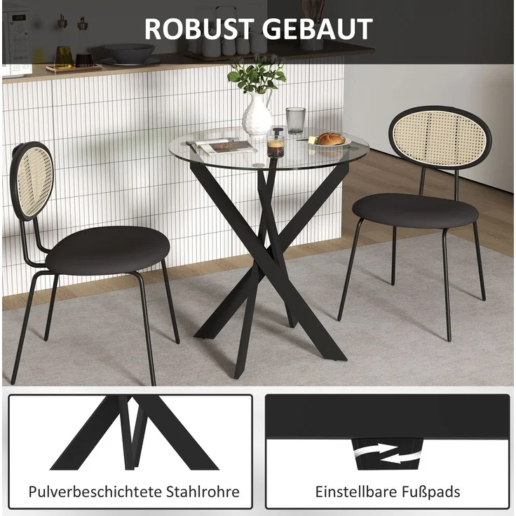 Esstisch Ø70x75 cm aus gehärtetem Glas – runder Küchentisch mit schwarzen Stahlbeinen – Bild 6