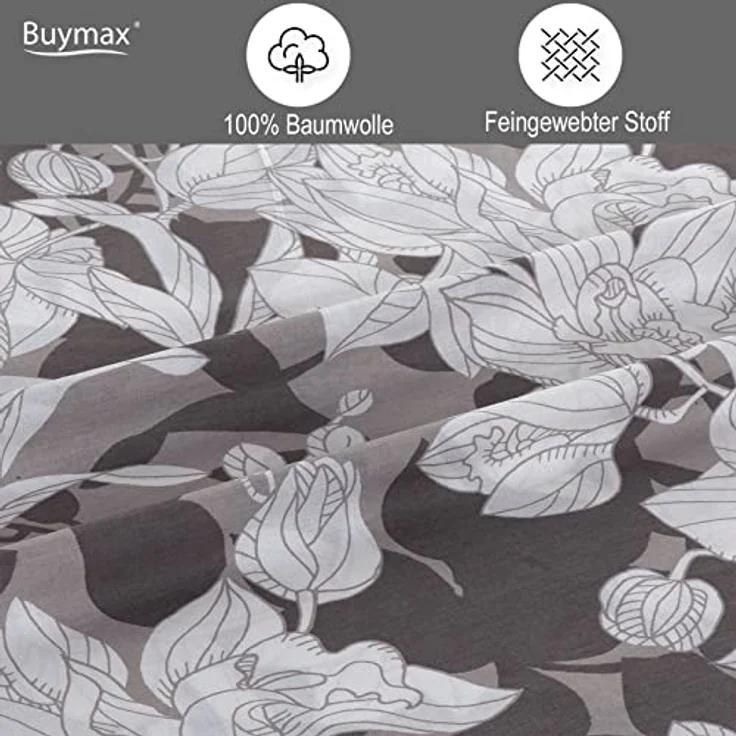 Buymax Bettwäsche Clisse, Renforce: 100% Baumwolle, 2 teilig, 155x220 cm, mit Reißverschluss, Blumen, Orchidee, Grau, Weiß – Bild 4