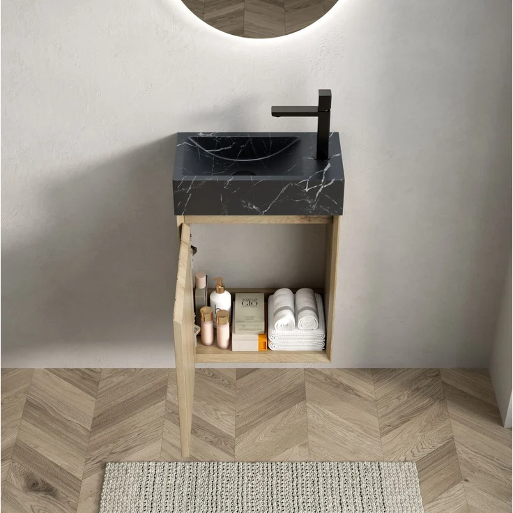 Wandwaschtisch 40 cm mit Naturmarmorbecken und Unterschrank in Weiß-Eiche-Optik – Bild 2