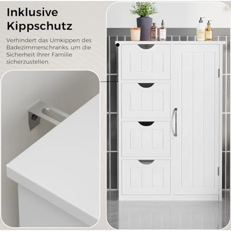 Sweetcrispy Badezimmerschrank 24 Inches Hoch Modern, mit 4 Schubladen & 1 Tür, Hochglanz Weiß mit Einboden & Großem Stauraum, Schmale Badkommode, Badezimmer Kommode – Bild 7