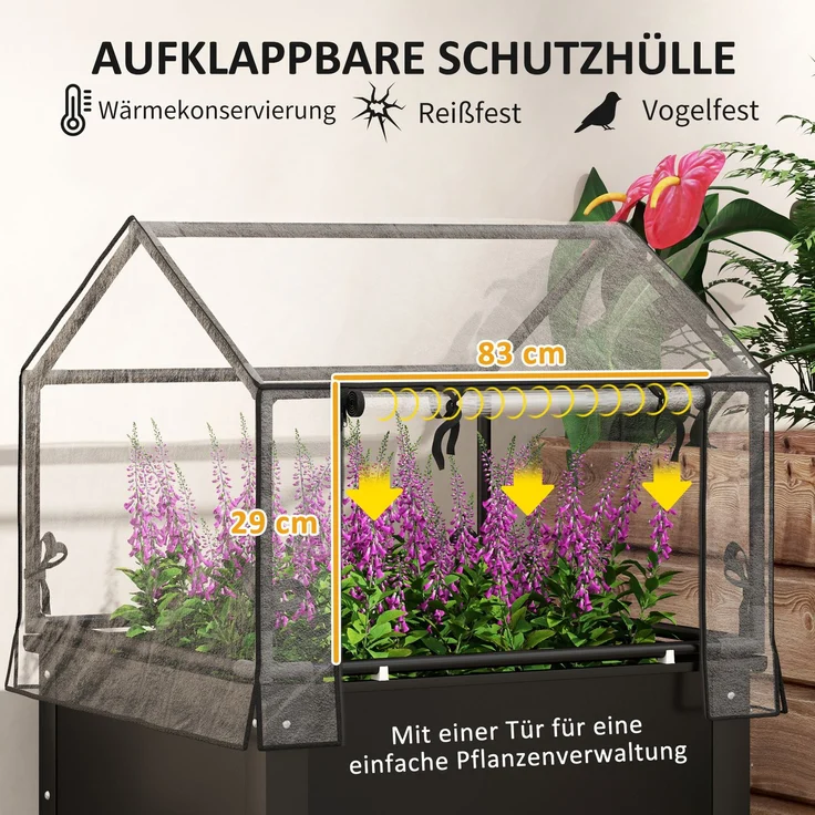 MELAYR, Hochbeet mit Gewächshaus-Dach, Erhöhte Pflanzenbox mit Ablauflöchern, 60 x 60 x 120 cm, Schwarz – Bild 6