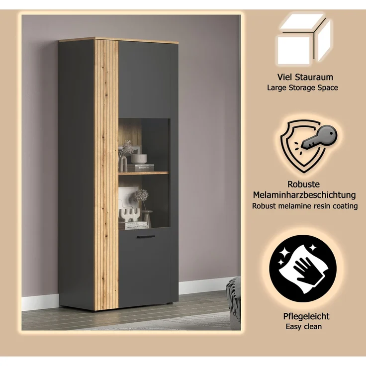 Vitrine Avila in grau und Eiche Evoke 80 x 195 cm – Bild 16