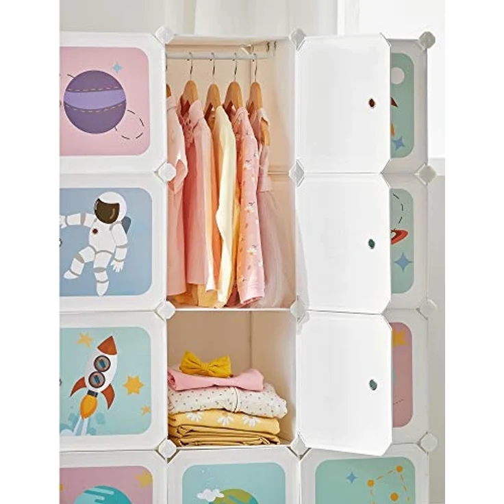 Kleiderschrank, DIY-Aufbewahrungsschrank, für hängende Kleidung, Aufbewahrung, für Kinder, mit 16 Würfeln, 4 Hängestangen, 123 x 41 x 123 cm, weiß LPC905W01 – Bild 4