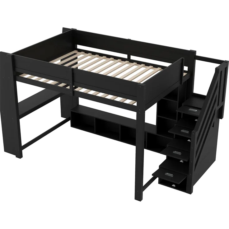 Hochbett 140x200 cm mit Schreibtisch, mehrstufigem Stauraum, LED-Beleuchtung und Stauraumtreppe, Schwarz – Bild 2