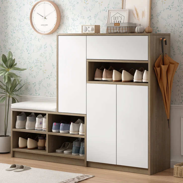 Merax Schuhaufbewahrungsbank & Schuhschrank, Schuhbank, multifunktionales Schuhregal mit gepolstertem Sitz, mit verstellbaren Regalen, weiß – Bild 1