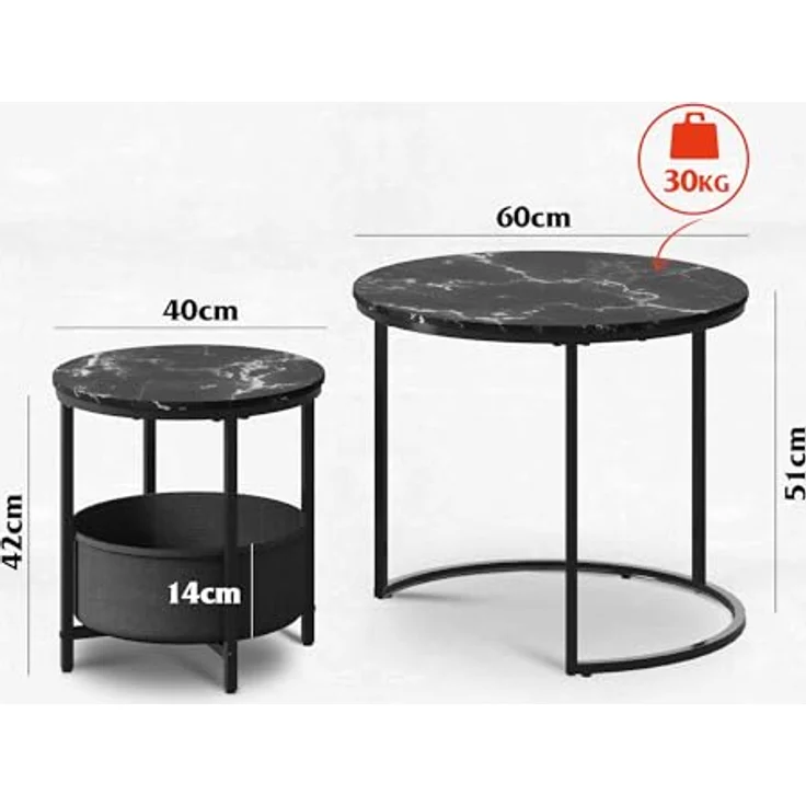 WLIVE Couchtisch 2er Set, Beistelltisch Rund mit Stauraum, Wohnzimmertisch Holz mit Metallrahmen, Sofatisch für Wohnzimmer Schlafzimmer, (Marmor Schwarz, 60 cm und 40 cm Durchmesser) – Bild 4