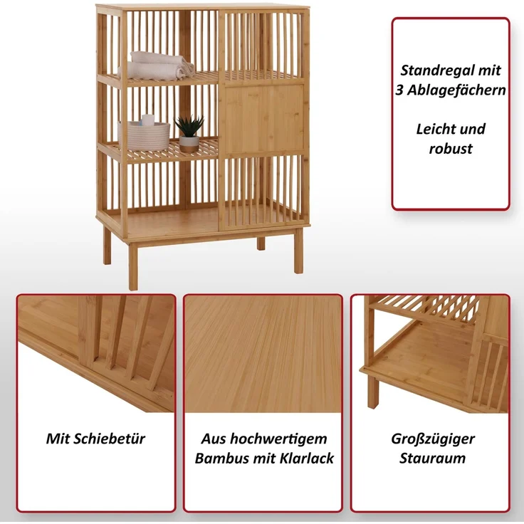 Mendler 'HWC-N81' Badregal mit 3 Regalböden und Schiebetür, Bambus natur, 80 x 45 x 112 – Bild 2