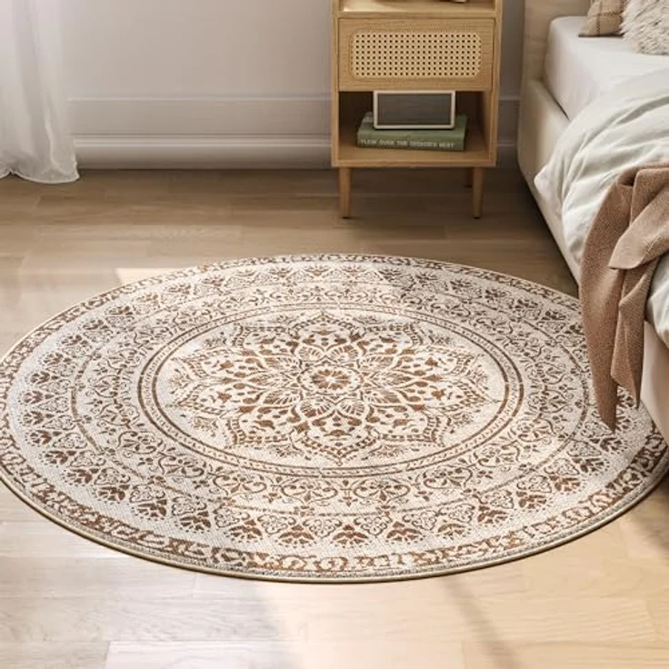 SONGMICS Teppich rund, Outdoor Teppich, Boho, 120 cm d, waschbar, rutschfest, Floral Vintage, für Wohnzimmer, Esszimmer, Schlafzimmer, Optik, Garten, Terrasse, Balkon,cappuccinobeige TAR051K01 – Bild 1