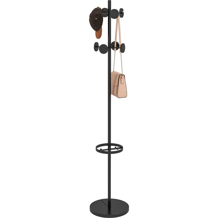 Bodengarderobe mit Schirmhalter und 8 Metallscheibenhaken Ø34x177 cm, 34.0×34.0×177.0cm, Schwarz, MELAYR – Bild 1