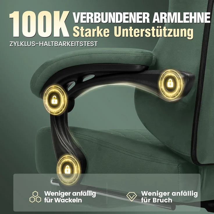 GTPLAYER Gaming Stuhl Stoff Gaming Chair Ergonomisch Bürostuh PC Stuhl, 150kg Belastbarkeit, Verstellbarer und Drehbarer Schreibtischstuh mit Federsitzkissen und Fußstütze, grün – Bild 5