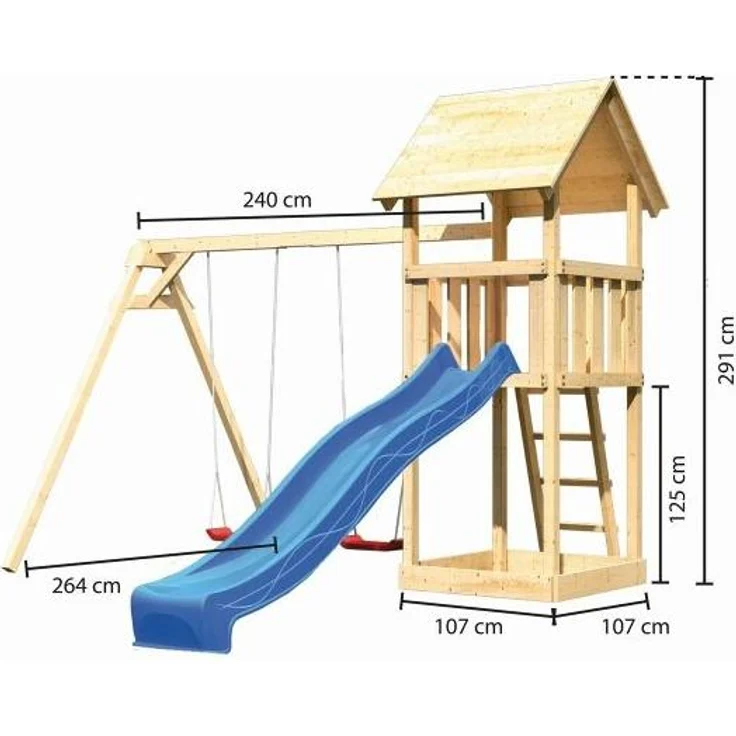 Karibu Kinderspielturm Lotti Satteldach Set naturbelassen mit Doppelschaukel ECO und Rutsche blau – Bild 15