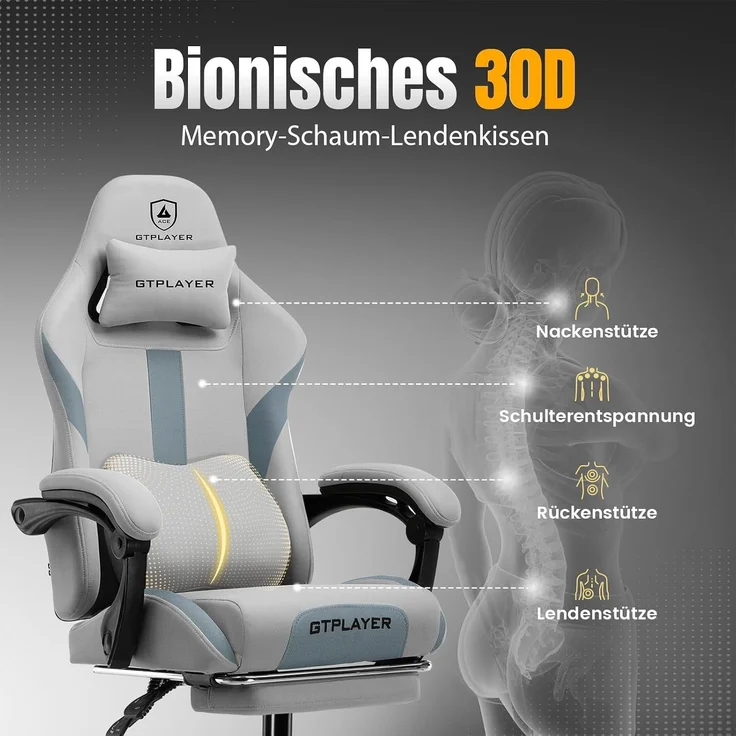 GTPLAYER Gaming-Stuhl Ergonomischer Gaming Sessel Schreibtischstuhl Gamer Stuhl aus Stoff, Federsitzkissen mit Fußstütze, Grau – Bild 4