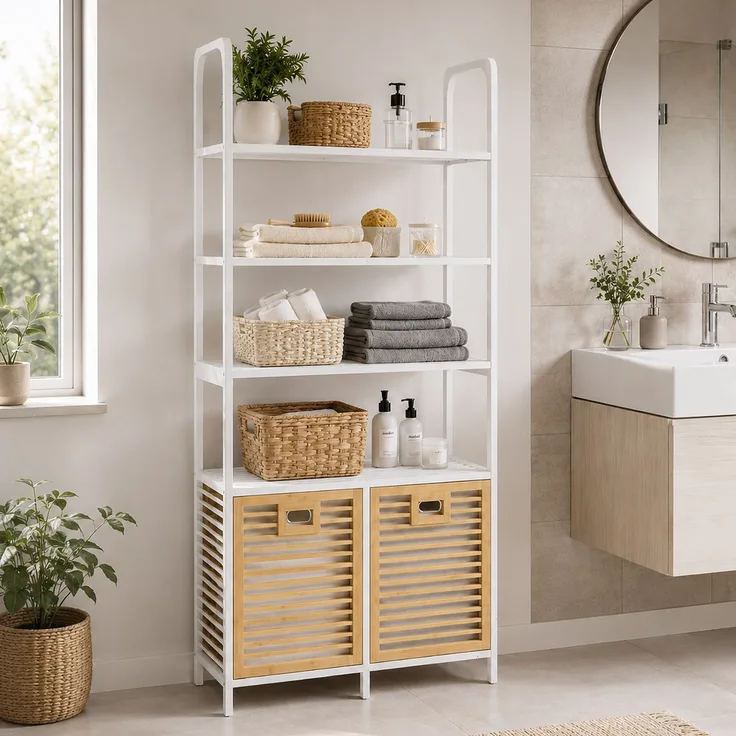 Bambus-Badezimmerschrank HWC-N83, Regal Badschrank, 2 Wäschekörbe 4 Regalböden MVG 168x81x33cm ~ natur-weiß, Korb natur