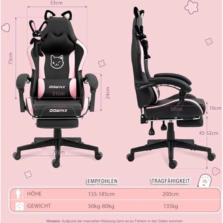 Dowinx Gaming Stuhl - Süße Katze Edition - Ergonomischer Computerstuhl mit Hoher Rückenlehne und Lendenwirbelstütze, PU-Leder, Fußstütze, Schwarz – Bild 4
