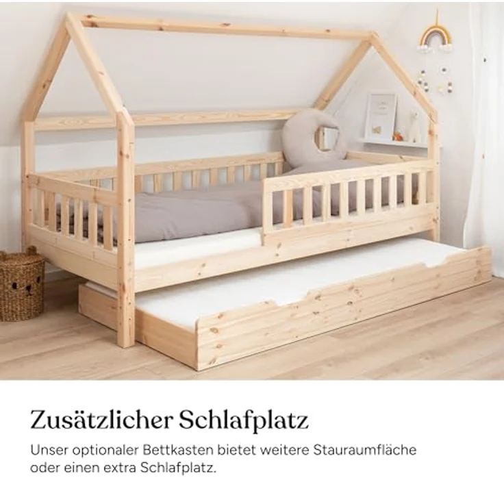 Ehrenkind Hausbett aus nachhaltigem Kiefernholz (mit abnehmbarem Rausfallschutz aus nachhaltigem Holz, Erhältlich in Natur und Weiß Kinderbett 80x160/90x200 cm), höhenverstellbar, nachhaltiges Kiefernholz, hergestellt in Europa – Bild 7