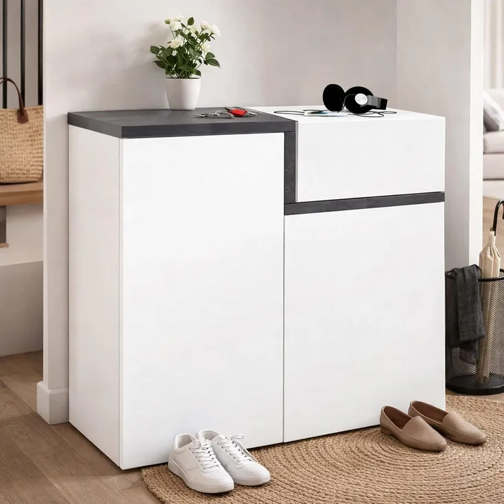Dmora - Schuhregal Ryan, Mehrzweckschrank mit 2 Türen und 1 Klapptür, Schuhregal für den Eingangsbereich, 100 % Made in Italy, 80 x 40 x 80 cm, glänzendes Weiß und Schiefer,