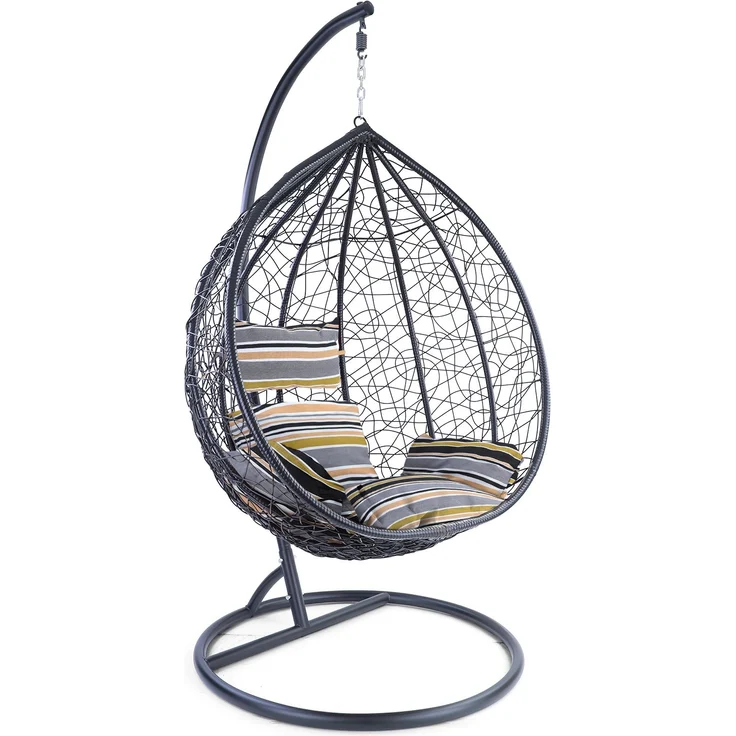 Luxus Hängesessel Miami XXL Polyrattan Korb und Gestell schwarz Kissen Sunset