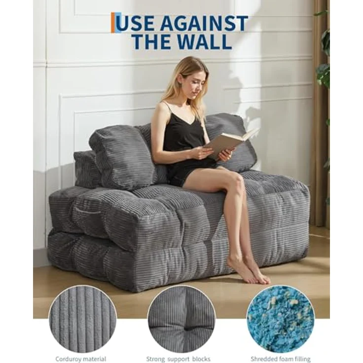 GarveeHome 3-in-1 Klappbares Schlafsofa mit Kissen – Faltbare Matratze & Rückenstütze – Komfortabler, tragbarer Doppelsitzer für Wohnzimmer & Studentenwohnheim – Platzsparendes Bodensofa – Maße: – Bild 4
