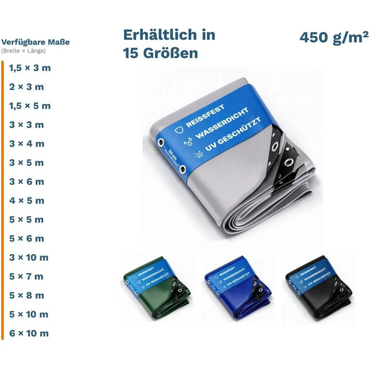 NEMAXX Schutzplane 450 g/m² PVC Abdeckplane wasserdicht reißfest UV mit Aluminium-Ösen (Massiv statt billig: trotzt Sturm, Regen und Schnee im Dauereinsatz, Verschweißter Saum, verstärkte Ecken: spannt straff und reißt nicht), 4 Farben, 15 Größen: Ihre... – Bild 1