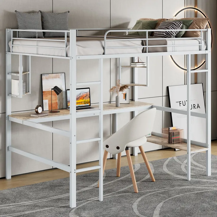 Weißes Metall-Hochbett 90×200cm mit Schreibtisch, vier dreieckigen Kleinregalen + großem Bücherregal, Stahl+E1-MDF, inkl. 24 Lattenroste, ohne Matratze, Gesamt L204,5 × T95 × H180,5 cm