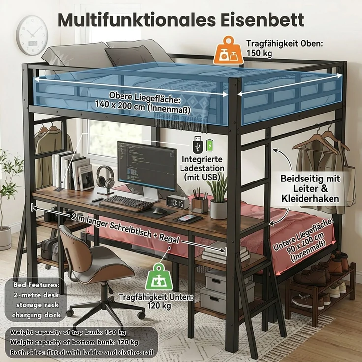 EINHOM Metallbett 140 x 200 / 90 x 200 cm in Schwarz, Etagenbett mit Schreibtisch, Kleiderstange, Beidseitiger Leiter und Integrierter Ladestation (Ohne Matratze) – Bild 5