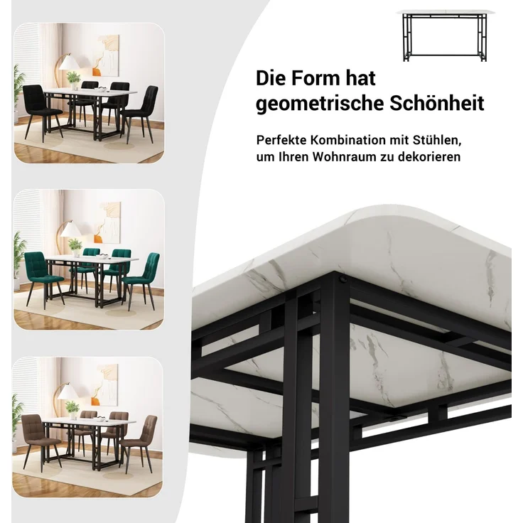 Esszimmer-Set 5-teilig Tisch 140x80 cm + 4 Grau Samtstühle Metallbeine moderner Küchentisch – Bild 4
