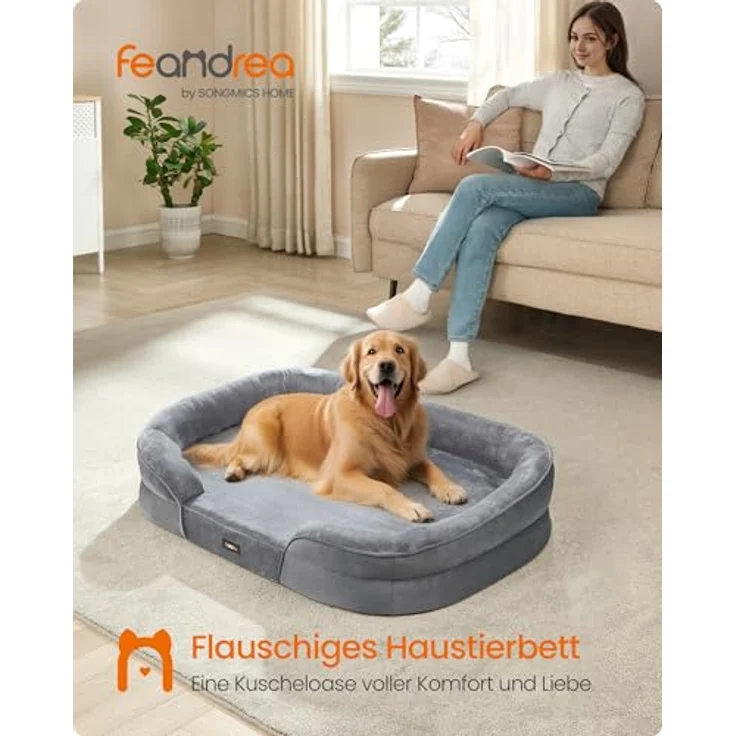 Feandrea Hundebett, Hundekissen, für große Hunde, 106 x 76 x 18 cm, orthopädisch, wasserdichte Innenschicht, erhöhte Ränder, Abnehmbarer, waschbarer Bezug, rutschfest, hellgrau PGW283G01 – Bild 3