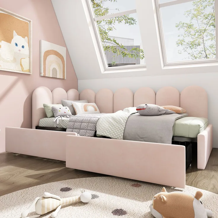 Polsterbett 90x190 cm aus Samt mit Stauraum – Daybett mit Schubladen, platzsparend und vielseitig