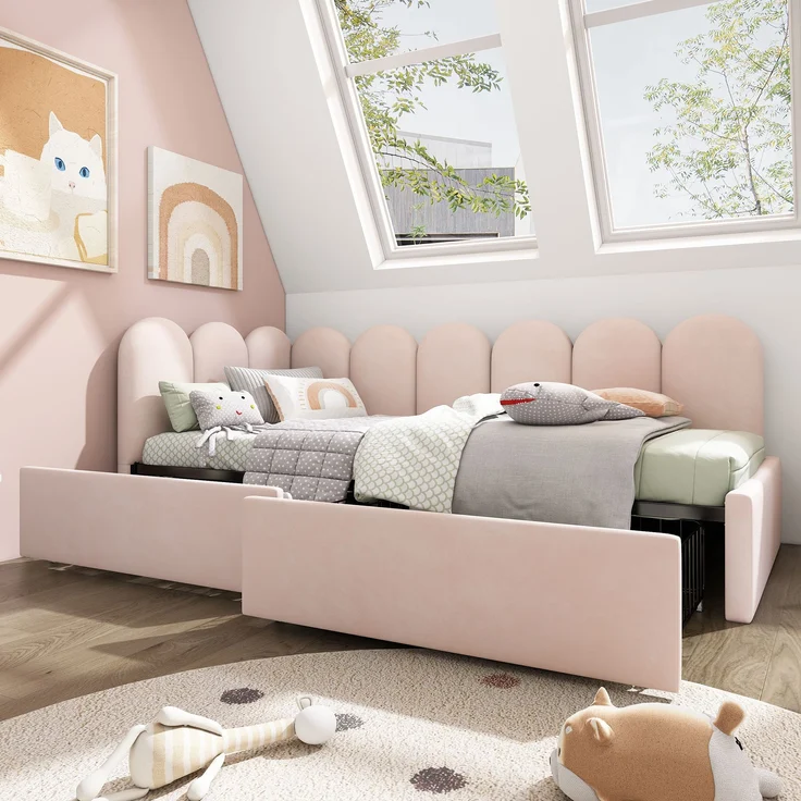 Polsterbett 90x190 cm aus Samt mit Stauraum – Daybett mit Schubladen, platzsparend und vielseitig – Bild 1