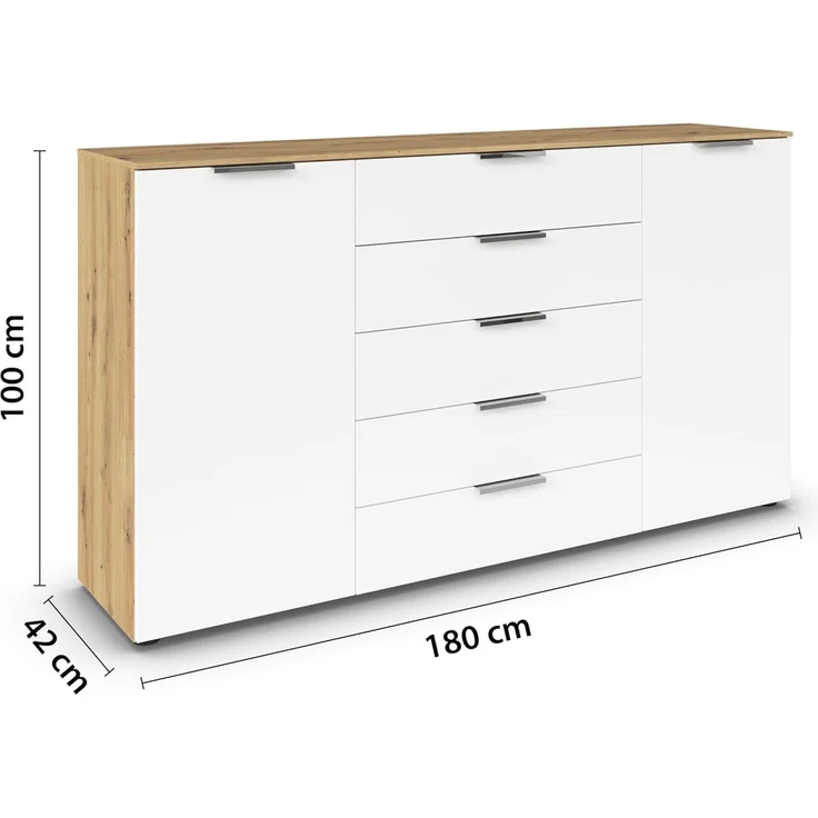 Rauch Möbel Flipp, Kommode für Schlafzimmer, Kinderzimmer, Wohnzimmer, Jugendzimmer, Flur, Garderobe, 2-türig, 5 Schubladen, mit Softclose-Funktion, Farbe Eiche Artisan, Holz/Weiß, Breite 180 cm – Bild 3