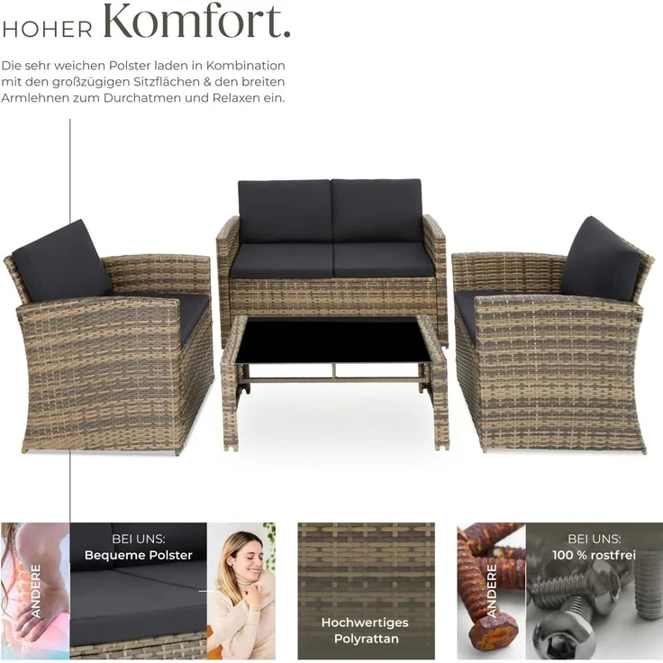 tectake Lounge Gartenmöbel Set Poly Rattan für den Garten, Möbel für den Balkon, 12-teilige Garten Lounge (wetterfest), Essgruppe mit Outdoor Sofa, Sessel und Tisch für 4 Personen (Natur/Dunkelgrau) – Bild 3