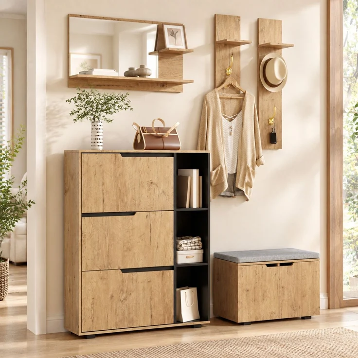 DESVIAE Garderobenschrank-Set Schwarz/Natur aus Spanplatte – 150x161,5x35 cm – Spiegel, Schuhbank, Haken – Bild 1