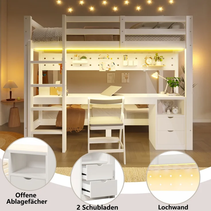 Merax Etagenbett, Hochbett, Kinderbett 90x200 cm & 140x200 cm, mit Schubladen und Schreibtisch, ausgestattet, inklusive LED-Lichtleiste, (Keine Stühle), Weiß – Bild 5